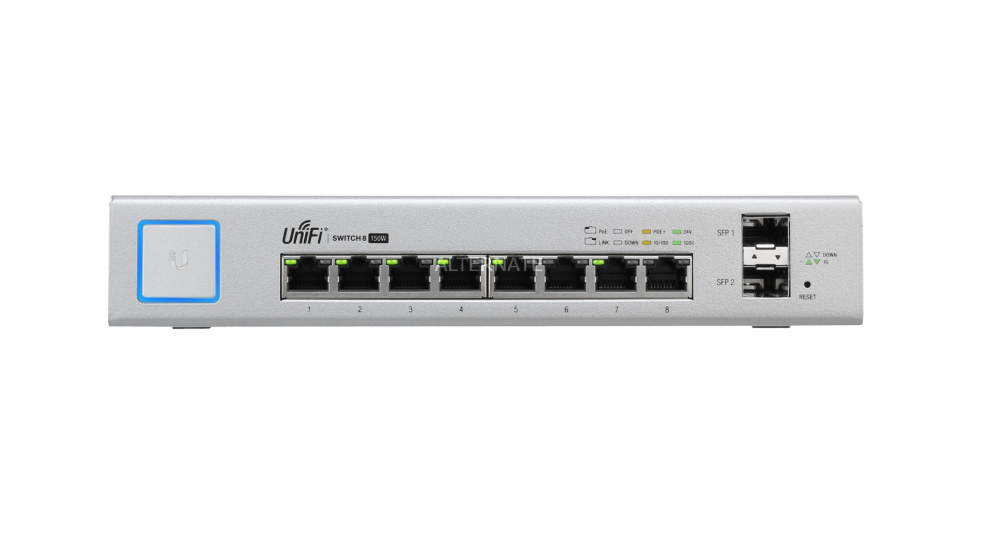 Ubiquiti A compact, 8-port, Layer 2 GbE PoE switch with versatile mounting options.